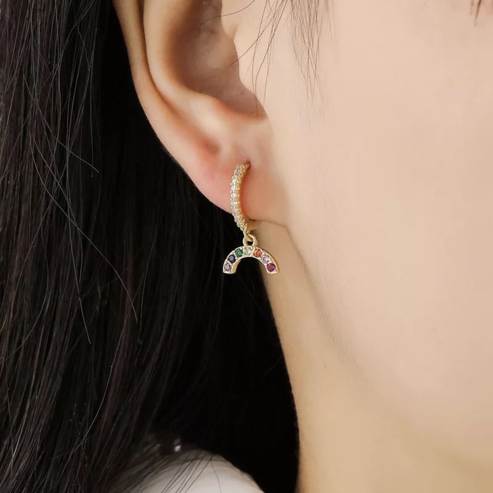 New 18K Gold Vermeil Sterling Silver 925 Rainbow Crystal Hoops earrings set